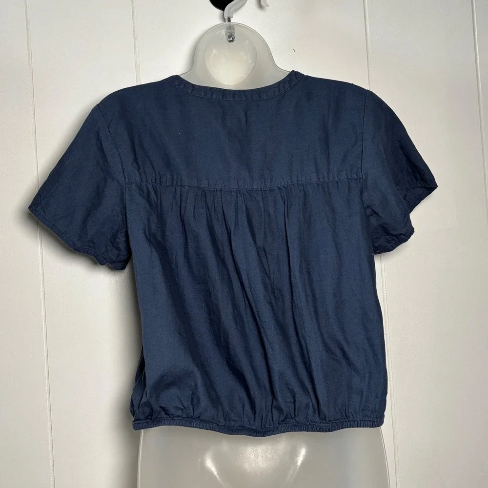 Pact Blue Organic Cotton Henley Blouse Elastic Hem Short Sleeve Top  sustainable